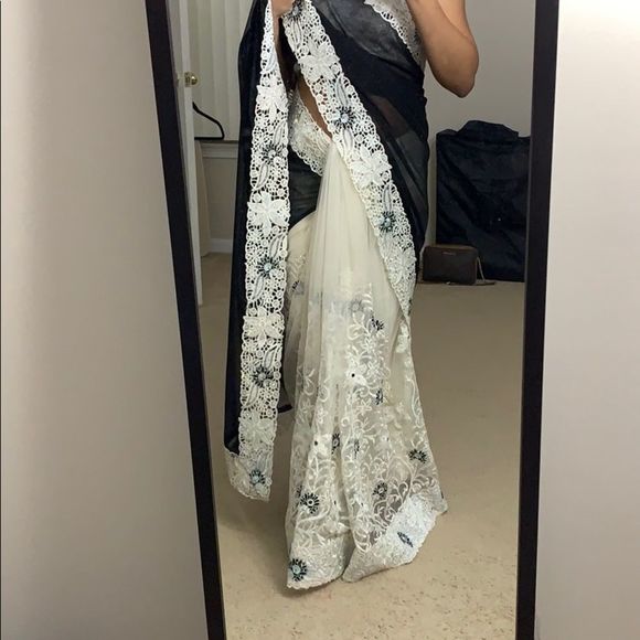 Black and white shimmer net heavy work saree - Picture 2 of 7